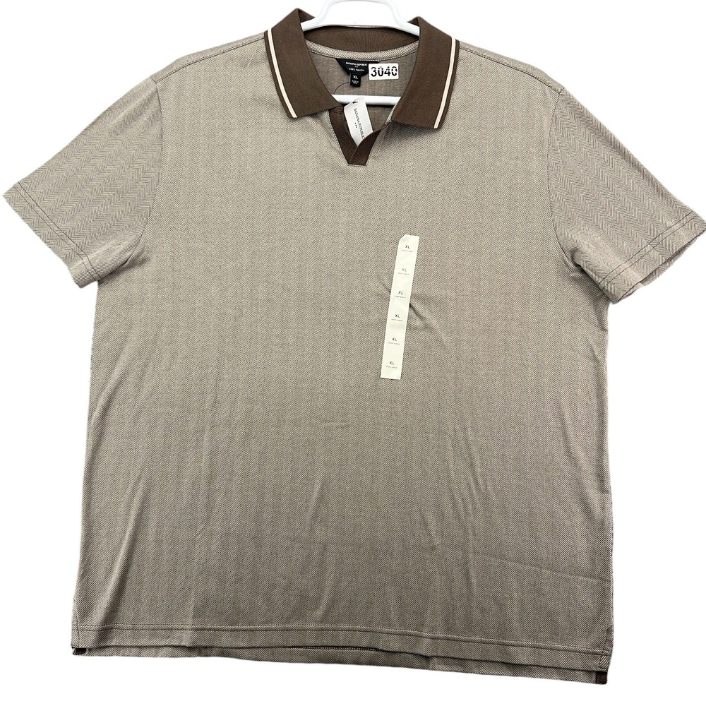 Banana Republic Polo Luxe Touch Men XL Brown Herringbone V-Neck Cotton 1173482